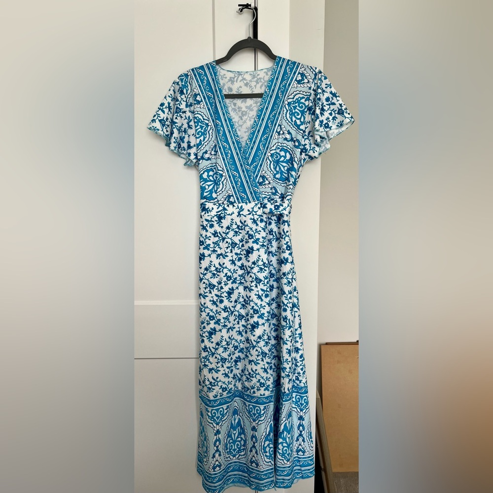 Blue & White Print Wrap Dress - Size M